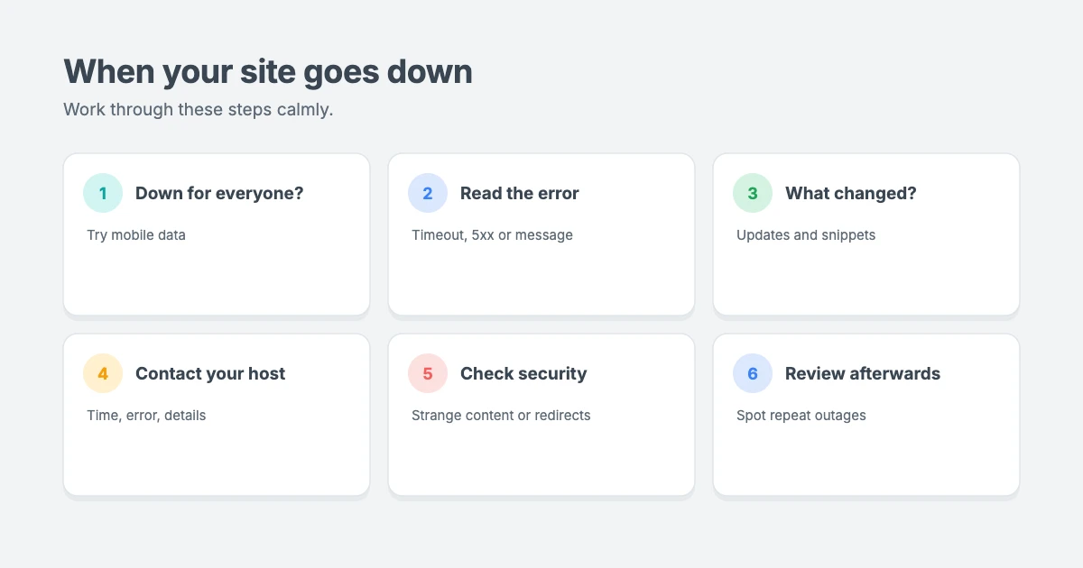 What to do when your WordPress site goes down: check if it's down for everyone, read the error, think about recent changes, contact your host, check for security problems and review the outage