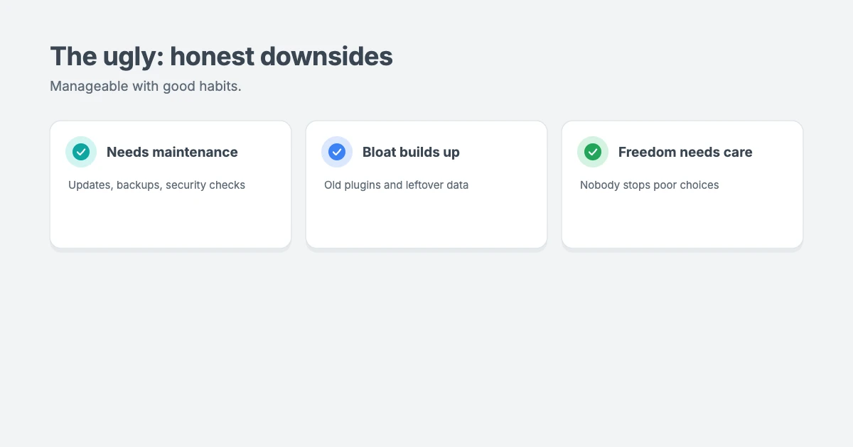 The ugly side of WordPress: it needs regular maintenance, bloat builds up over time, and freedom comes with responsibility