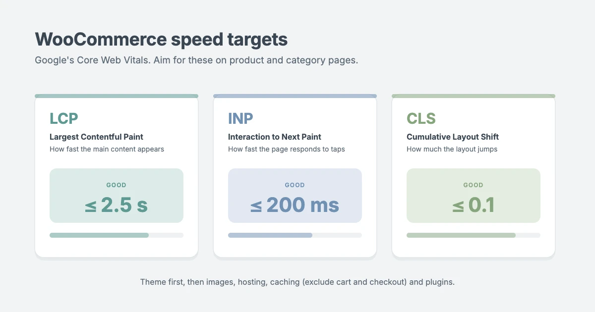WooCommerce SEO speed targets: Largest Contentful Paint 2.5 seconds, Interaction to Next Paint 200 milliseconds, Cumulative Layout Shift 0.1