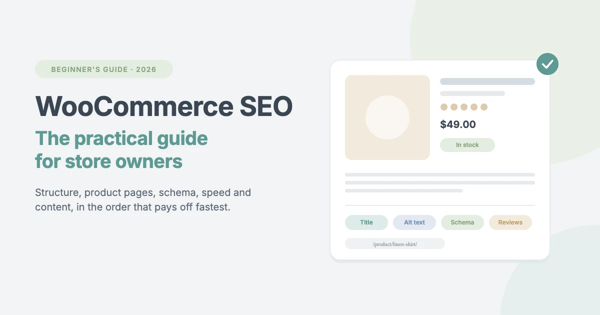 WooCommerce SEO: the practical guide for store owners, with a product page showing title, alt text, schema and reviews