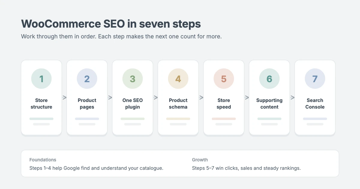 WooCommerce SEO plan in seven steps: store structure, product pages, SEO plugin, product schema, speed, content and tracking