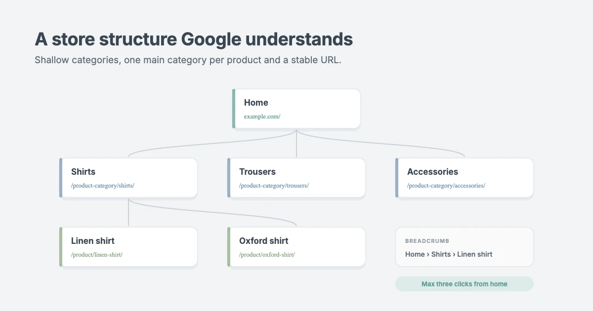 WooCommerce SEO store structure: home page, category, subcategory and product, with breadcrumbs and a stable product URL