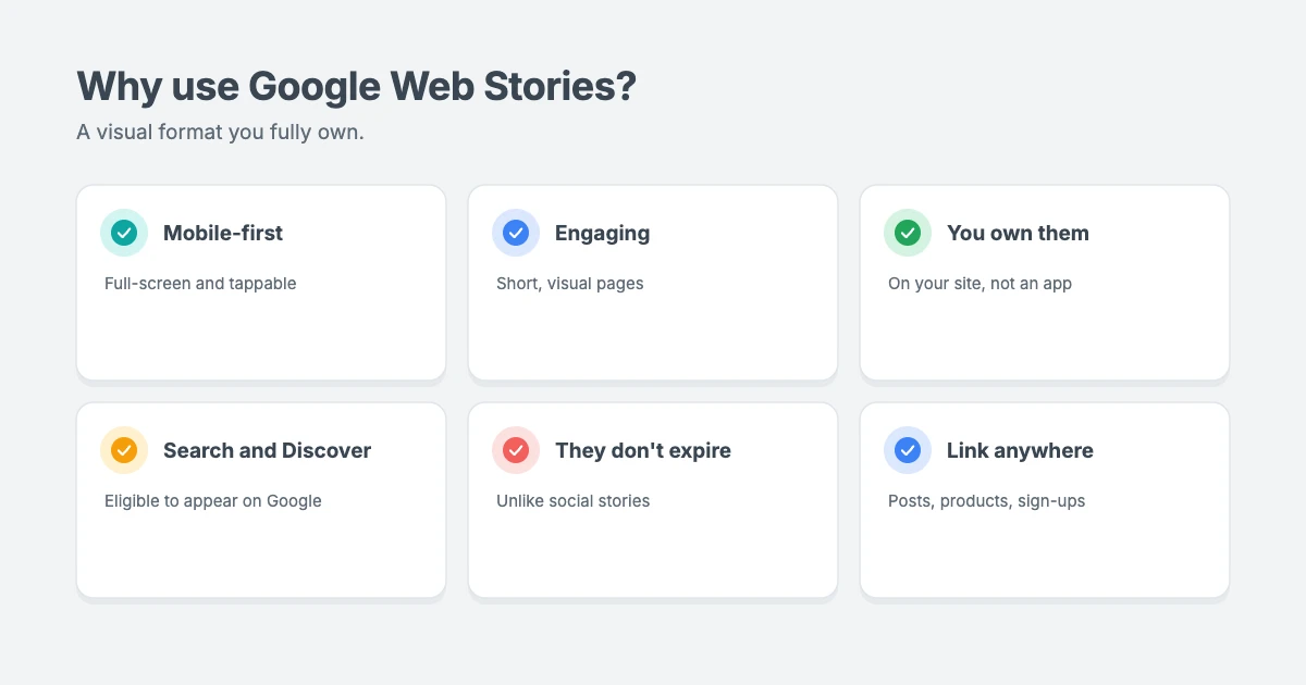 Why use Google Web Stories: mobile-first, engaging, owned by you, eligible for Google Search and Discover, and easy to link to your posts and products